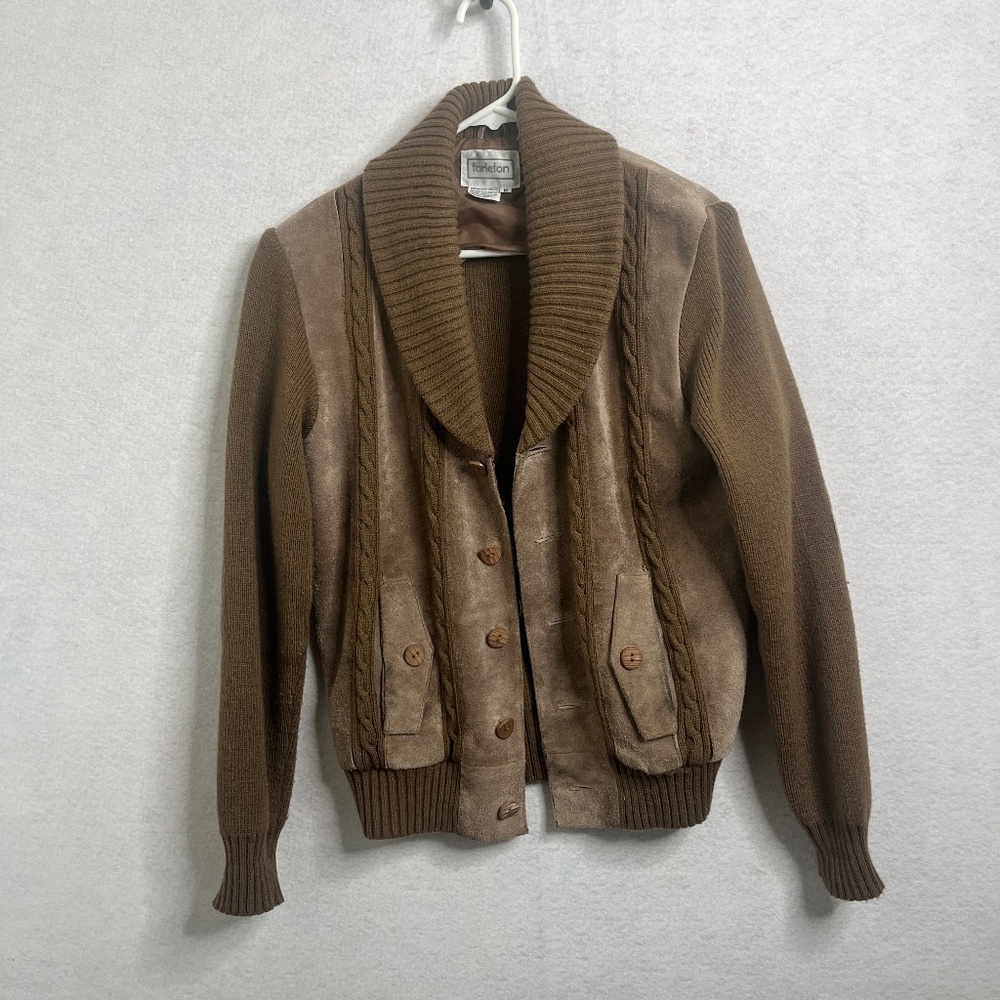 Vintage Tarleton Leather Knit Cardigan Jacket Brown Suede Cowhide Button Up